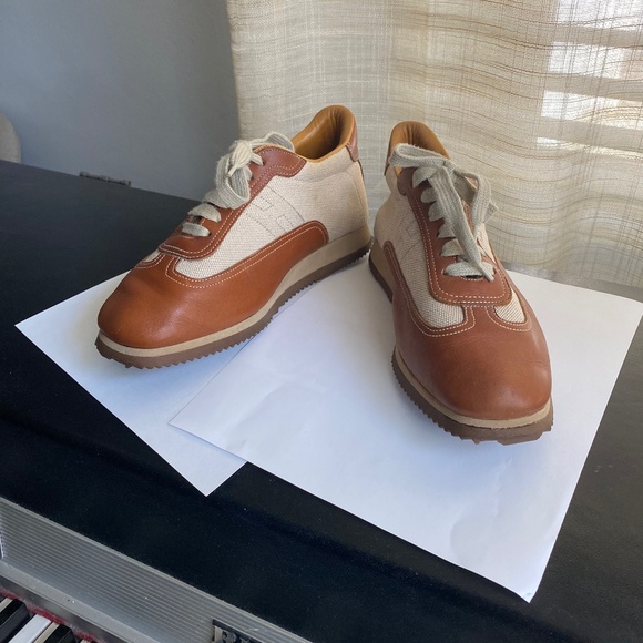 Hermes brown leather beige canvas fashion sneakers trainers size 38 Italy H logo - Picture 2 of 8